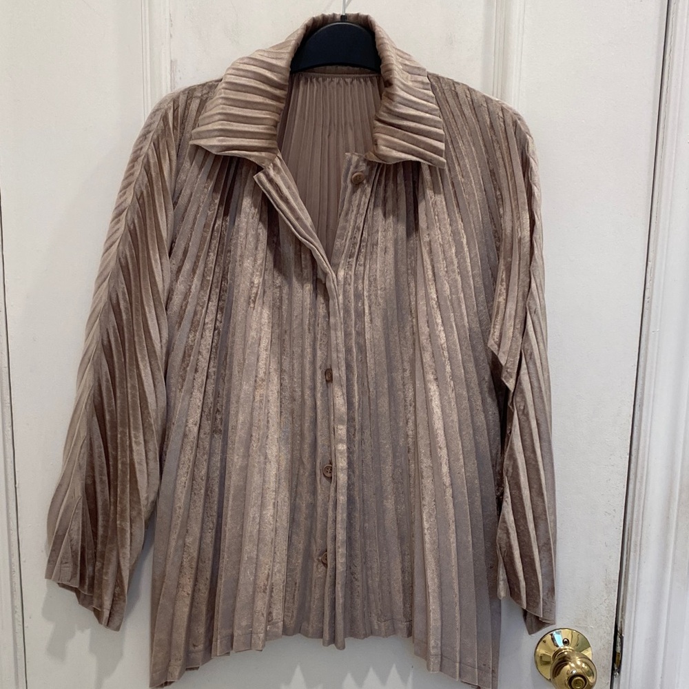 Issey Miyake Pleated Button-Front Top in Taupe